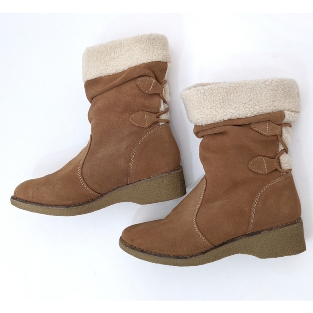 𝅺land's End Chalet Cognac Suede Leather Faux Fur Boots 7D